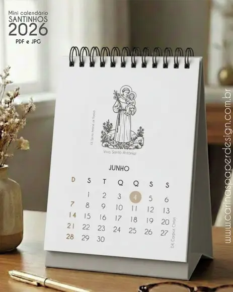 Arquivo Digital Mini Calendário de Mesa A6 Santinhos 2026