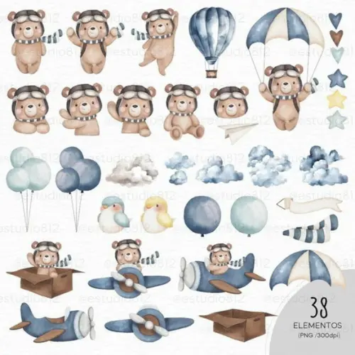 Kit Digital Ursinho Aviador Aquarela