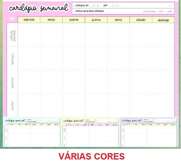 Cardápio Semanal Várias Cores em pdf