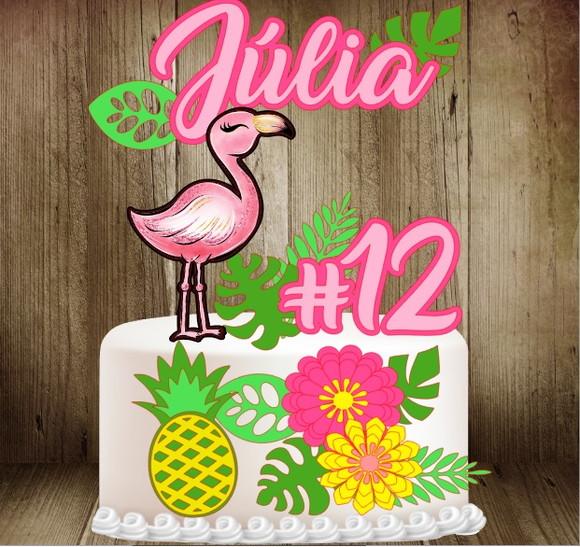 Topo de Bolo Flamingo Flores 2