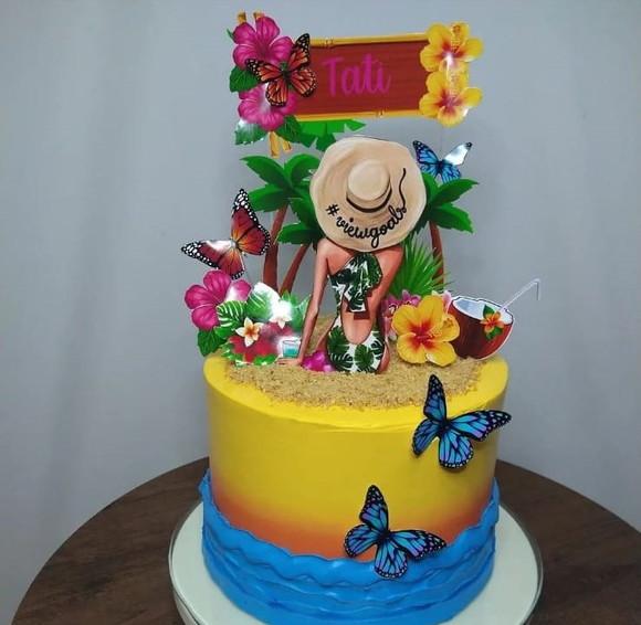 Topo de Bolo Tardezinha Floral na Praia