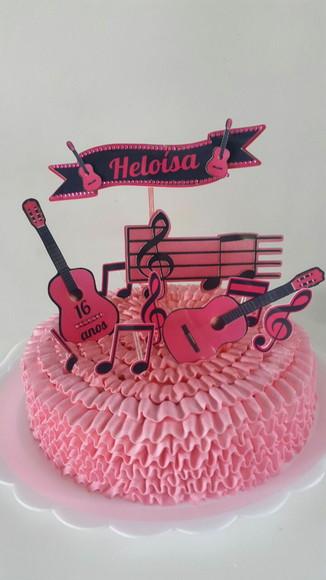 Topo de Bolo Violão e Notas Rosas