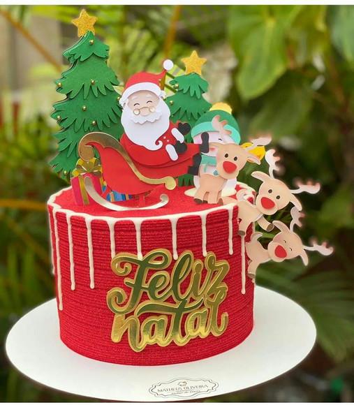 Topo de Bolo Papai Noel com Renas