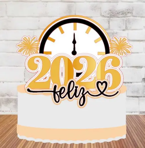 Topo de Bolo Feliz 2026 com Relógio