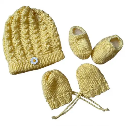 Gorro, Luva e Sapatinho para Bebê Amarelo