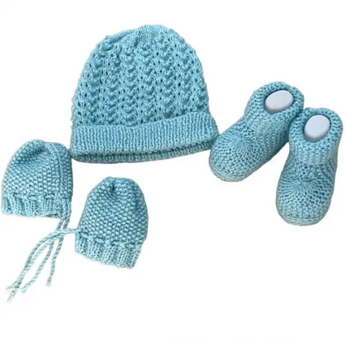 Gorro Botinha e Luva para Bebê Azul Bebê