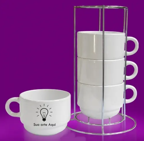 Kit com 4 Xícaras Personalizadas 150ml Cerâmica com Suporte
