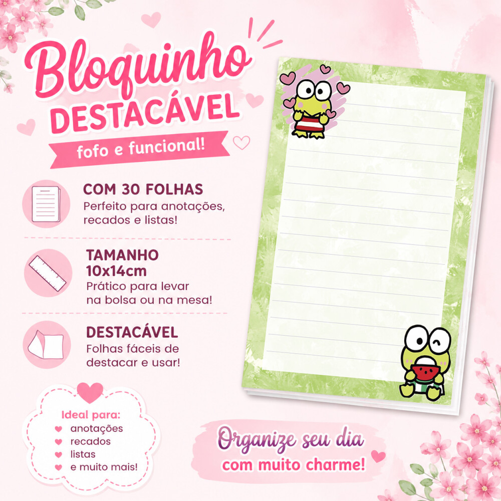 Bloquinho de Notas Destacável 10x14cm Keroppi