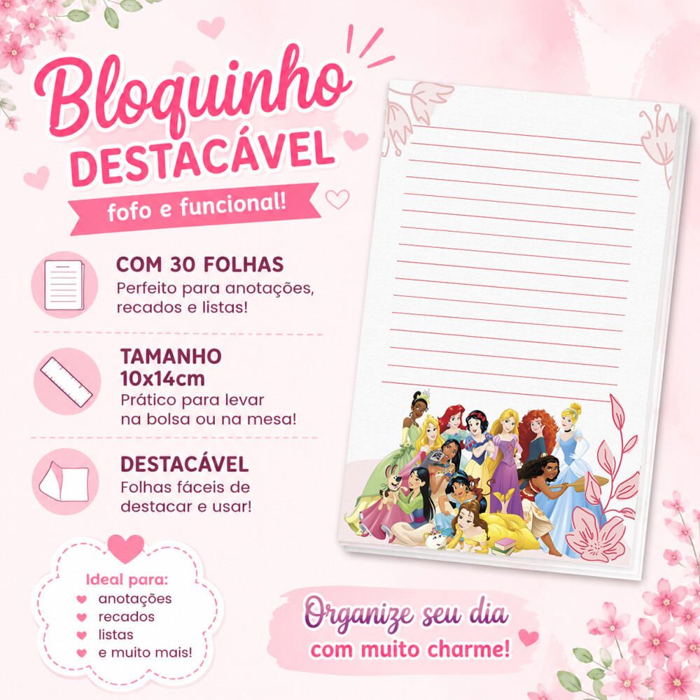 Bloquinho de Notas Destacável 10x14cm Princesas