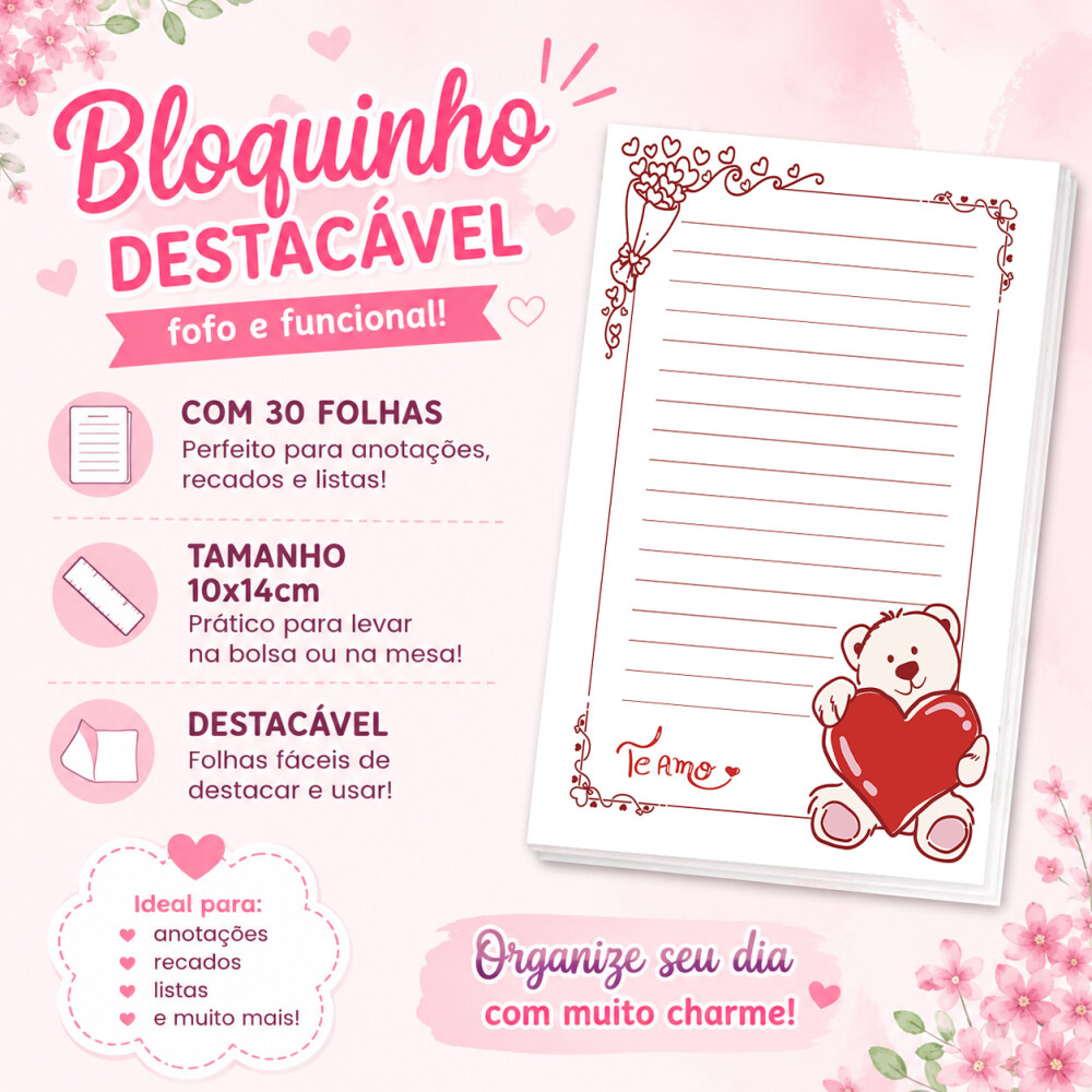 Bloquinho de Notas Destacável 10x14cm Ursinho Fofo