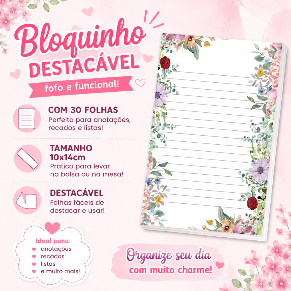 Bloquinho de Notas Destacável 10x14cm Floral