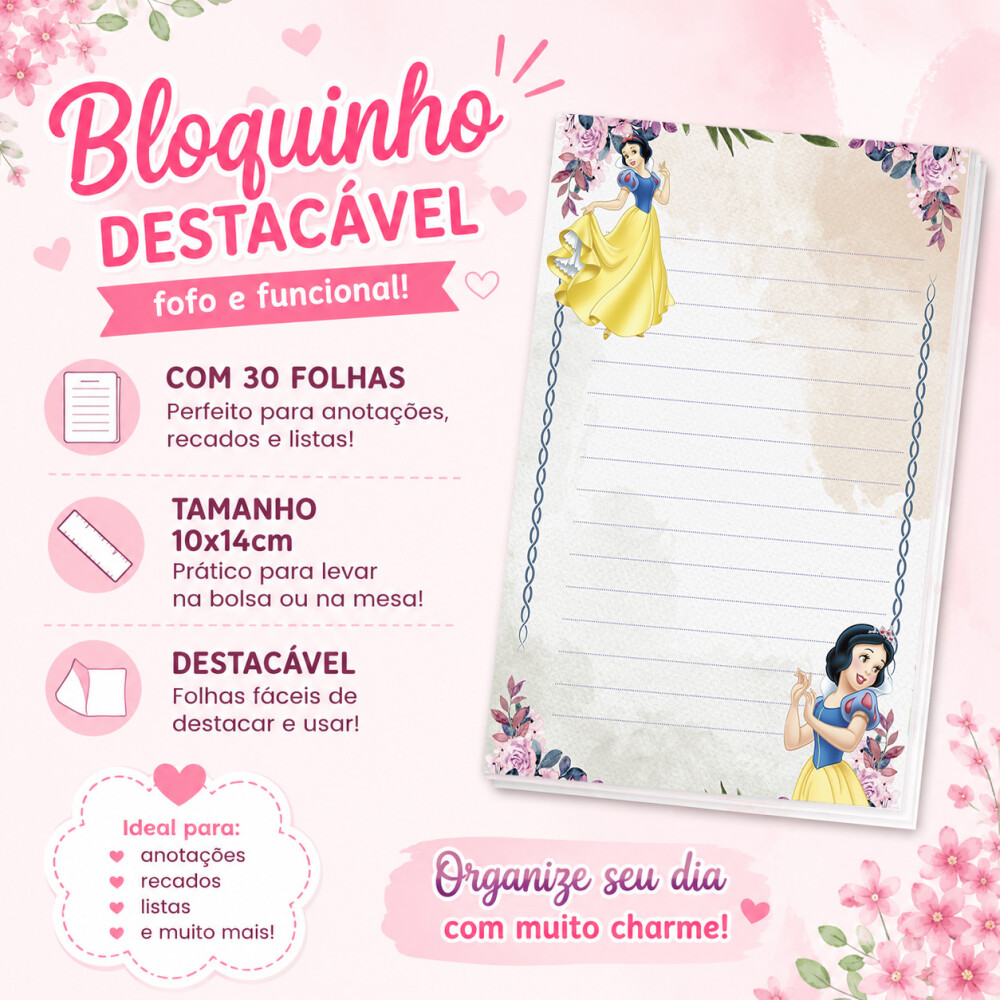 Bloquinho de Notas Destacável 10x14cm Branca de Neve