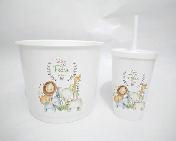 10 Kit Cinema Safari Aquarela Balde + Copo