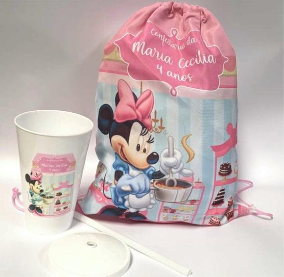 10 Kit Mochila + Copo Minnie Confeiteira