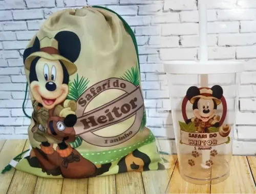 10 Kit Mochila + Copo Mickey Safari
