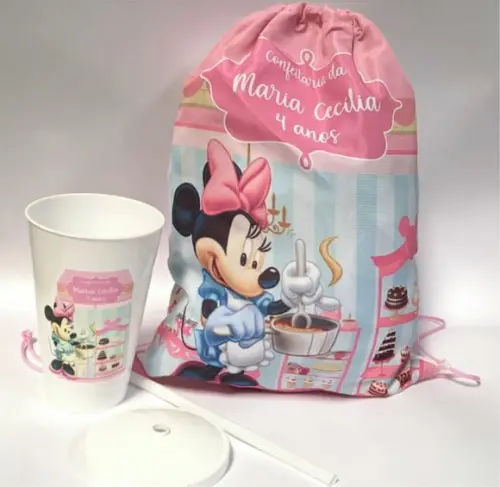 10 Kit Mochila + Copo Minnie Confeiteira