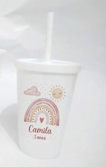15 Copos Canudo Arco Íris Boho