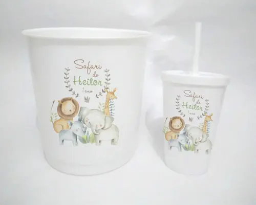 10 Kit Cinema Safari Aquarela Balde 2.6 + Copo 500ml