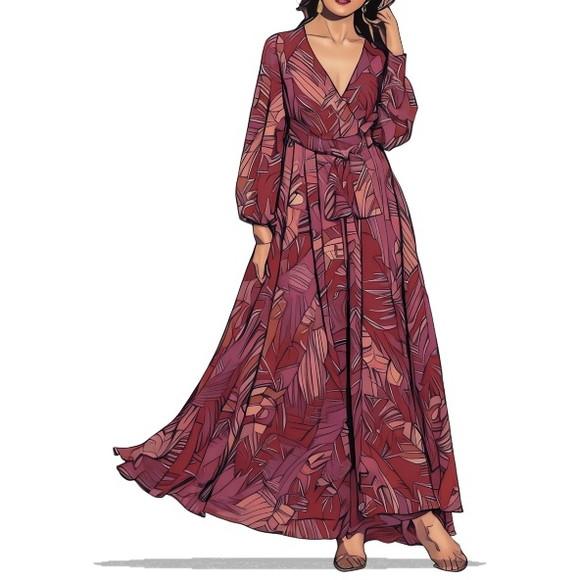 (molde em Pdf) Vestido Manga Longa Decote em V do P ao Gg
