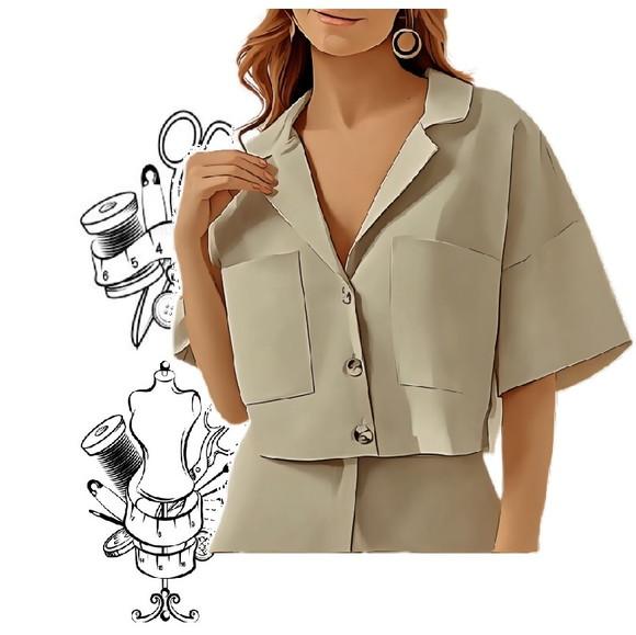 Molde de Cropped Camisa Fem Bolso Quadrado P ao Gg #436