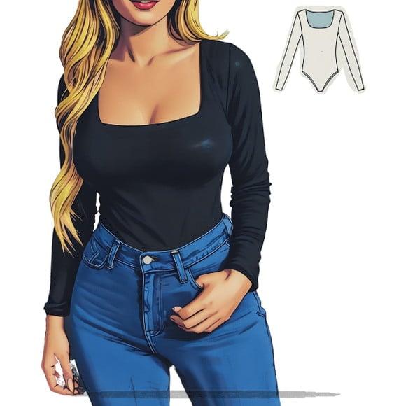 Molde Digital de Body Manga Longa Decote Quadrado P ao Xxg
