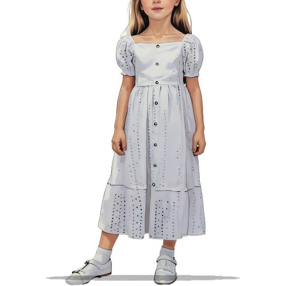 Molde Digital de Vestido Midi Inf Manga Bufante 2 a 14 Anos