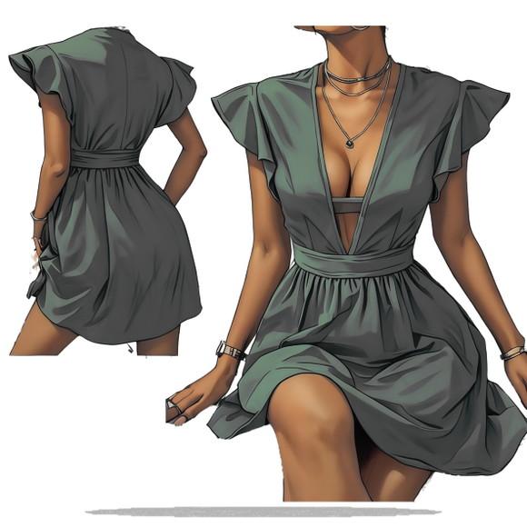 Molde em pdf de Vestido Decote em V Detalhe Ombro Pp ao Xxg