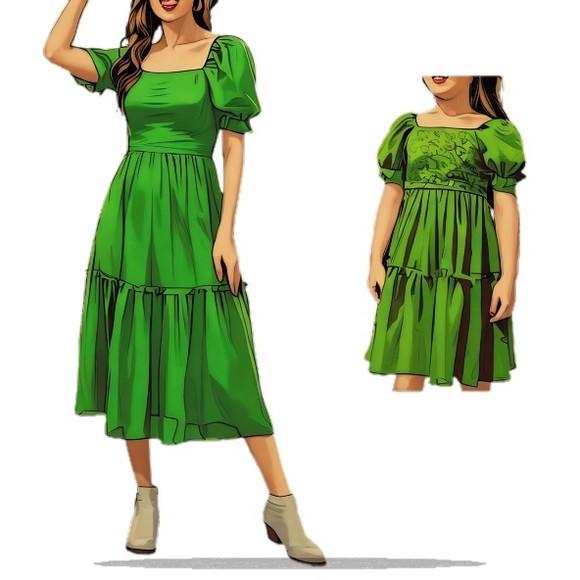 Molde em pdf de Vestido Inf e Adulto m Bufante P-xxg 2-14