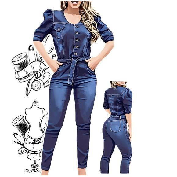 Molde Macacão Longo Jeans Feminino Luxuoso #454