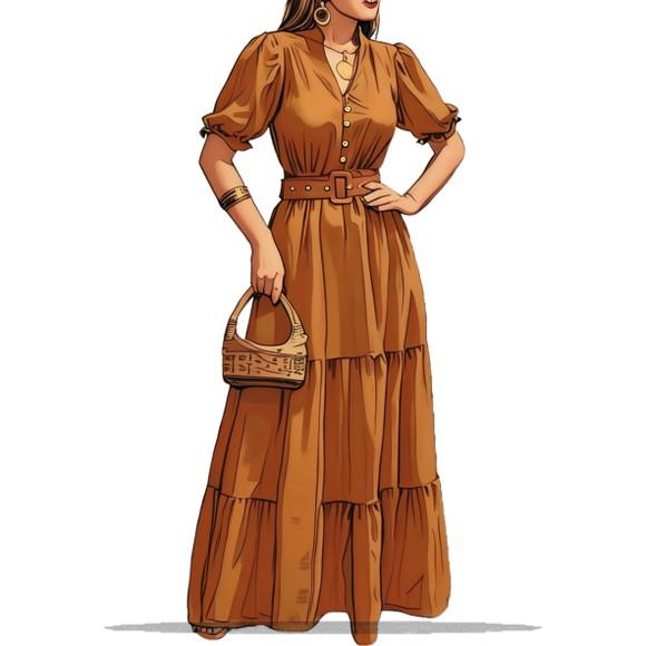 Molde para Costura em pdf de Vestido Longo Botoes Pp ao Xxg