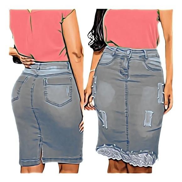 Molde Saia Jeans Midi com Babado na Frente P ao Gg