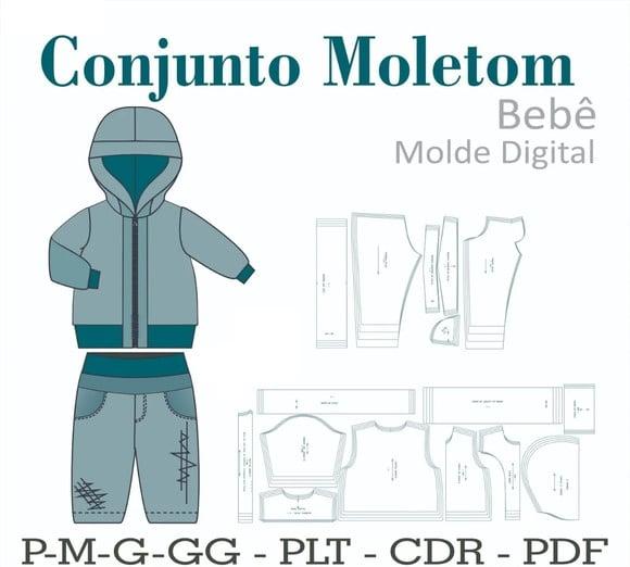 Moldes Digital de Conjunto Moletom Bebê com Capuz