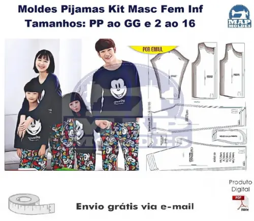 Kit Moldes Roupas Pijamas do Adulto ao Infantil pdf e Corel
