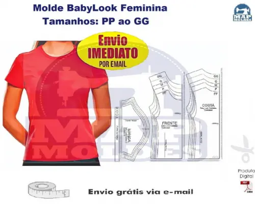 Molde Baby Look Tradicional Feminina Manga Curta pdf e Corel