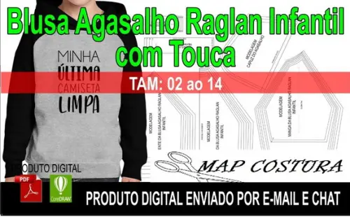 Molde Blusa Agasalho Moletom Raglan Infantil com Touca