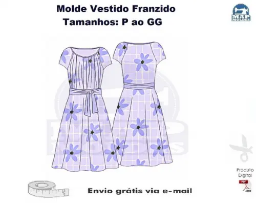 Molde de Vestido com Frente Franzida em PDF P ao GG