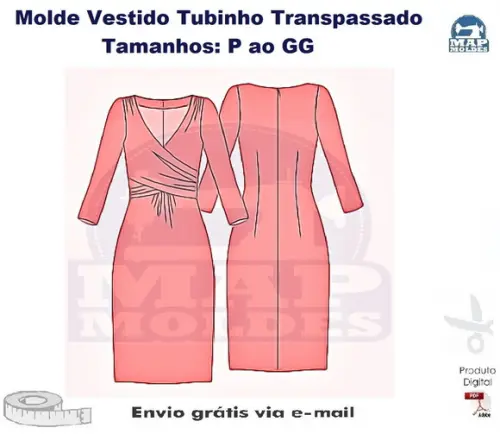 Molde de Vestido Tubinho Transpassado em PDF P ao GG