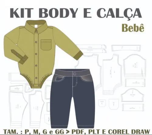 Molde Digital de Body Camisa + Calça Jeans Bebê
