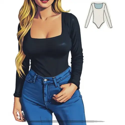 Molde Digital de Body Manga Longa Decote Quadrado P ao Xxg