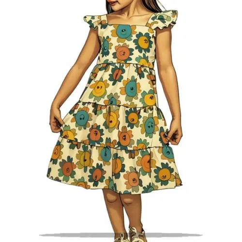 Molde Digital de Vestido Inf Alças com Babado 2 a 14 Anos