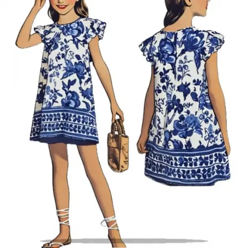 Molde Digital de Vestido Infantil Babado nos Ombros 4 ao 14
