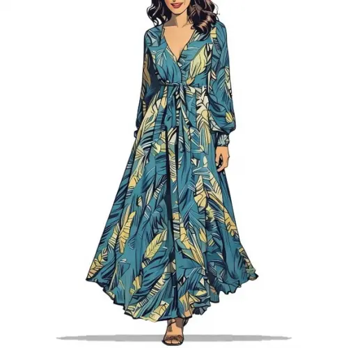 Molde Digital de Vestido Longo m Longa Decote em V P ao Gg