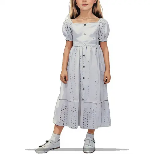 Molde Digital de Vestido Midi Inf Manga Bufante 2 a 14 Anos