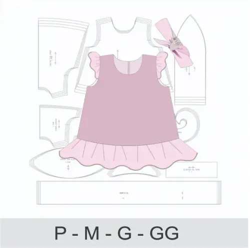 Molde Digital de Vestido Trapézio com Tiara Bebê