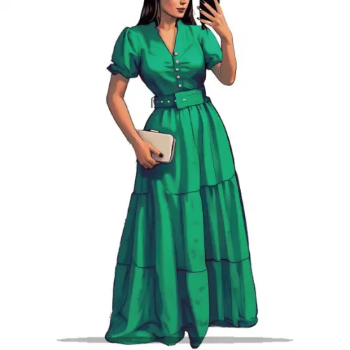 Molde em pdf de Vestido Babados e Decote com Botoes Pp - Xxg