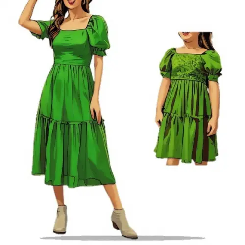 Molde em pdf de Vestido Inf e Adulto m Bufante P-xxg 2-14