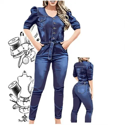 Molde Macacão Longo Jeans Feminino Luxuoso #454