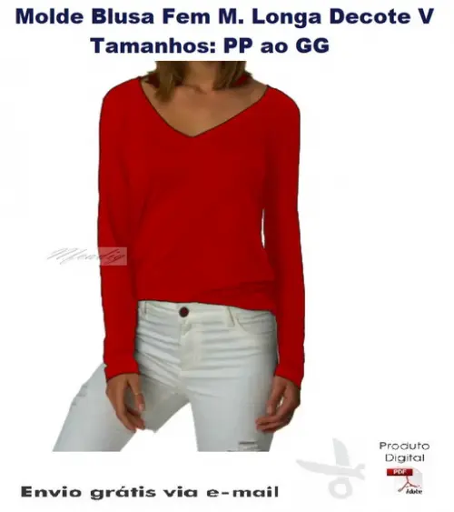 Molde Modelagem Blusa Feminina Manga Longa Decote V #179