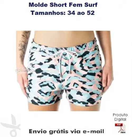 Molde Modelagem Short Surf Feminino 34 A 52 Plus Size ref 23