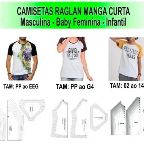 Moldes Digitais Camiseta Raglan Masc Fem Infantil